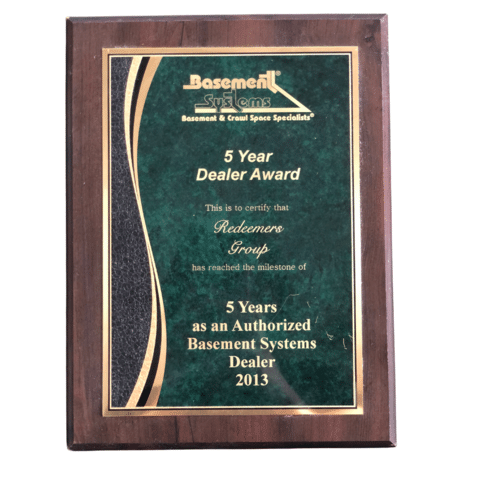 Basement Systems Milestone Award- Authorized Dealer for 5 years!